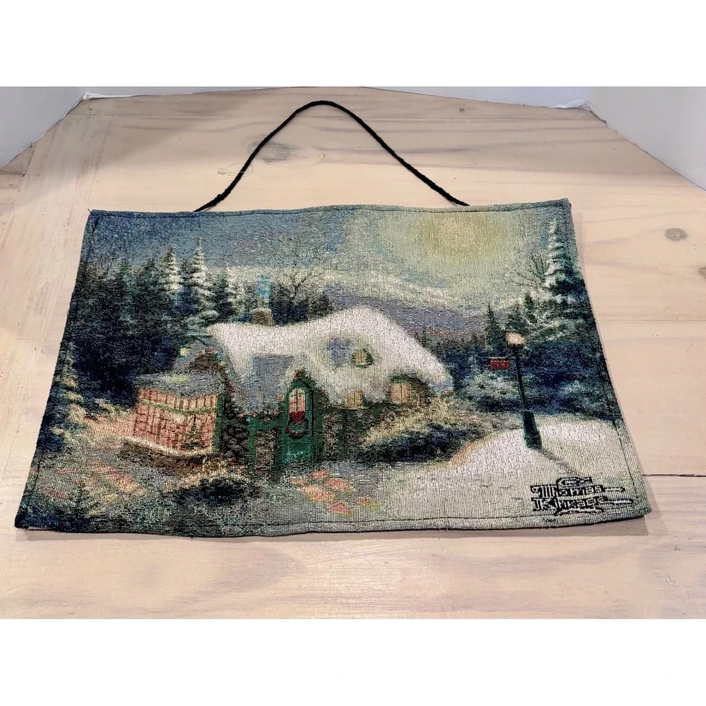 Thomas Kinkade Winter Cottage Woven Wall Hanging Tapestry Christmas Decor 17x12